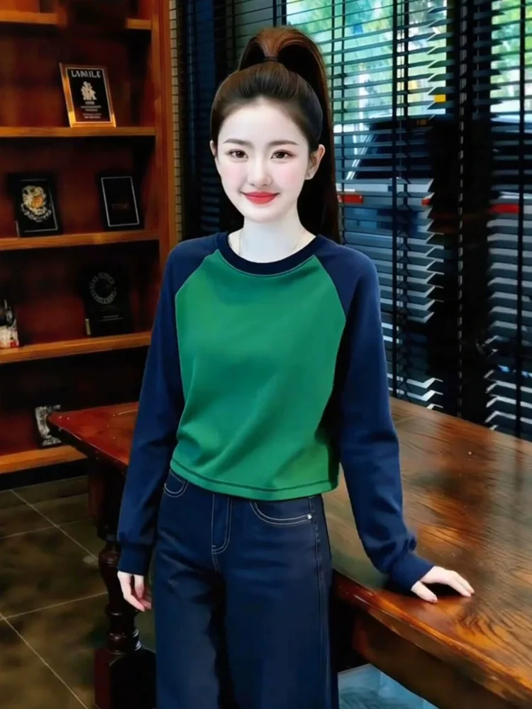 Korean Style Color Block Long Sleeve Short T-Shirt Women's Early Autumn Versatile Casual Base Shirt Top Commute Friendly Pure...