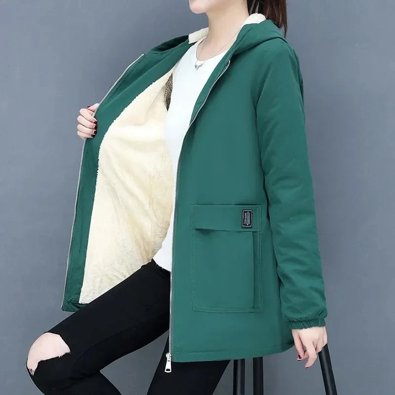 2024 New Winter Jacket Cotton Warm Puffer Coat Women Casual Parkas With Lining Plush hooded trench Outwear Women\'s Clothes