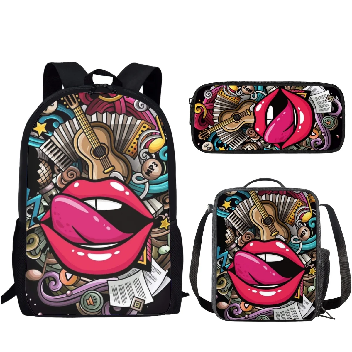 

3Pcs/Set Colorful Red Lips Design School Bags Students Large Capacity Backpack for Women Men Casual Large Capacity Backpack