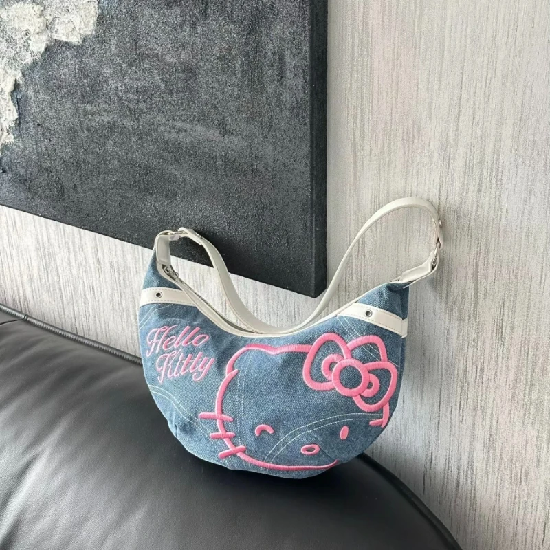 

2024 Kawaii Sanrio Hello Kitty Half Moon Bag Women Embroidery Female Underarm Bags Fashion Hot Girl Handbag Y2k Trend Hobo Bag