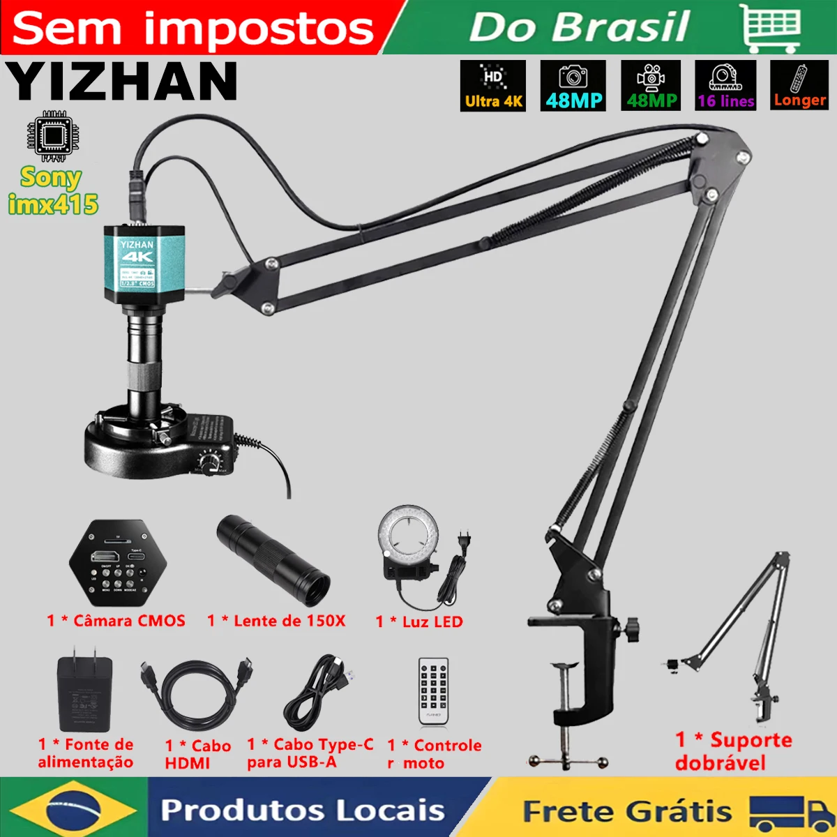 Microscópio digital 4k, 48mp, para eletrônica, câmeras industriais, hdmi, 1-150x, zoom, lente de montagem c, telefone, pcb, solda, Do Brasil