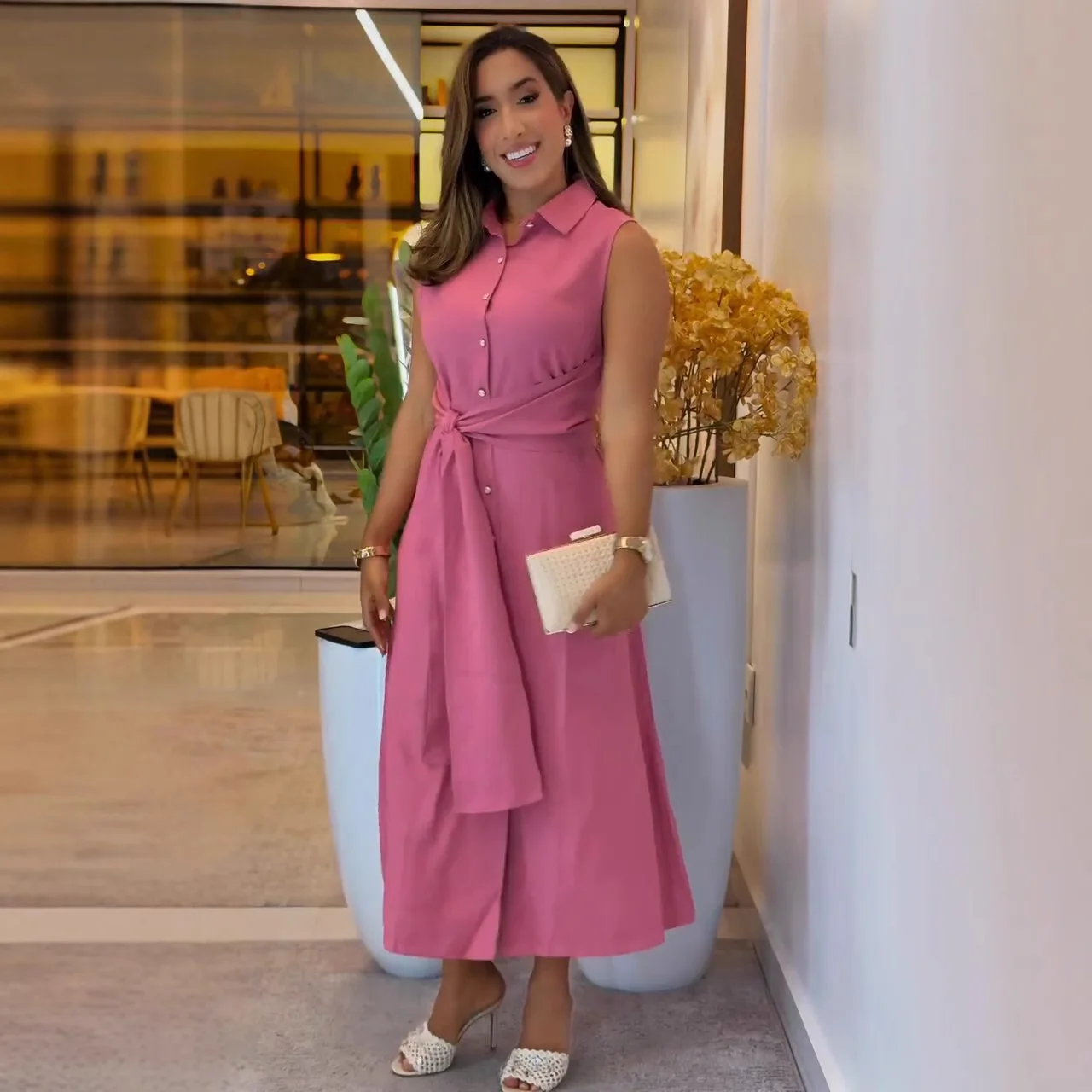 2025 moda feminina casual na moda cor sólida turn-down colarinho manga curta único breasted tornozelo comprimento camisa vestidos femininos