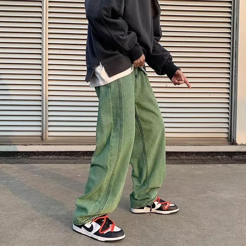 

Cargo Jeans Men's New Hong Kong Style Trend Street Baggy Green Denim Trousers Wide Leg Casual Fashion Green Male Pants