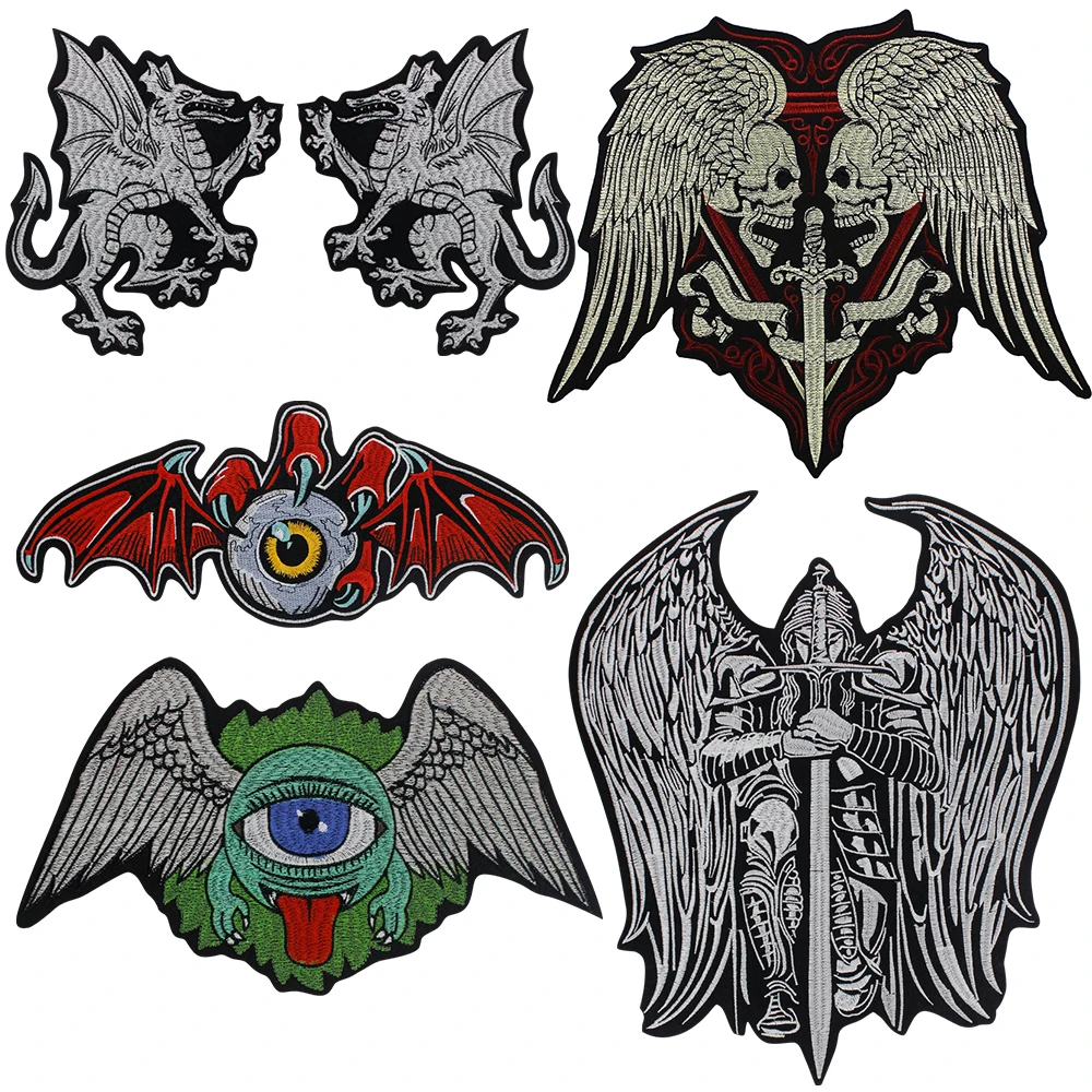 Warriors Wings Dragon Skull Sword Patches Motorcycle Iron on Embroidery Eye Backpack Punk Badge Stickers for Clothes Jean