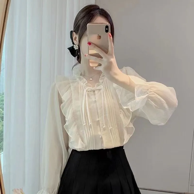 Ruffles Shirts and Blouses Korea Solid Elegant and Youth Woman Blouses Female Top Long Sleeve Chiffon Lace Autumn Clothes 2024