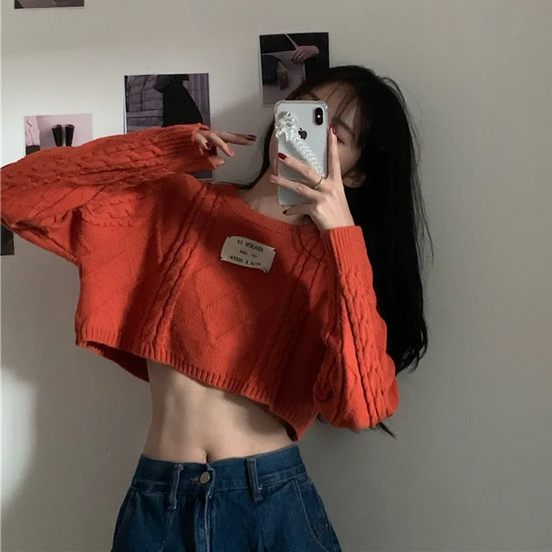 Korean Short Long Sleeved Knitted Sweater Cute Pullover Twist Sweaters Women Fashion Multi Color Sweater Black Crop Top