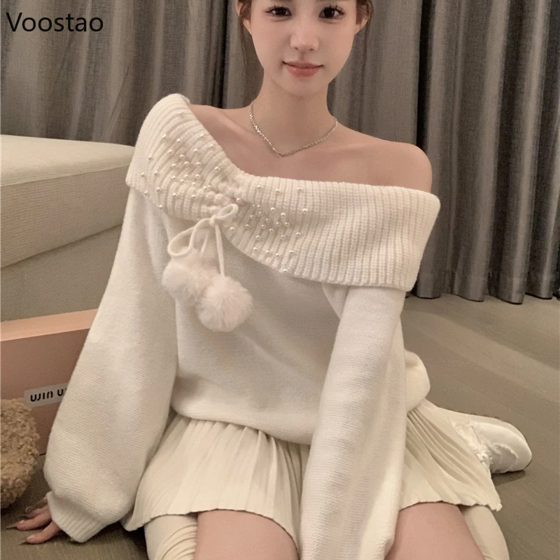 

Autumn Winter Harajuku Knitted Sweaters Off Shoulder Long Sleeves Pearls Plush Ball Sexy Pullovers Female Fashion Knitwear Tops