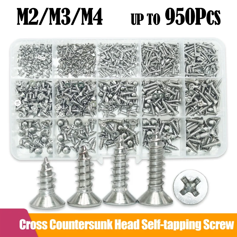 

up to 950p M2 M3 M4 Countersunk Head Tapping Screw A2 304 Stainless Steel Cross Recessed Flat Head Self Tapping Wood Screws Set