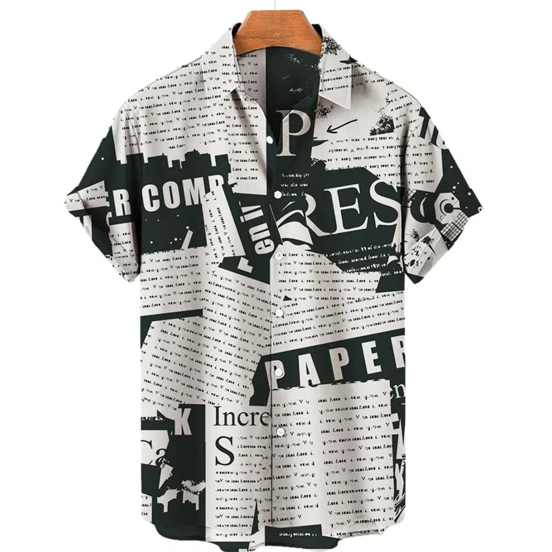 Hawaiian Newspaper 3D Print Men Shirt Man/Women Casual Fashion Short Sleeves Shirts Lapel Button Tops Oversized Unisex Clothing