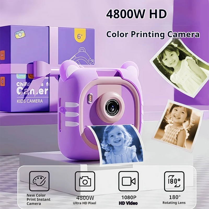 Instant Print Camera voor kinderen met 48MP 1080P HD Selfie 180 Draaibare Dual Lens 64GB Kaart voor Meisjes Jongens Kerst Verjaardagscadeau