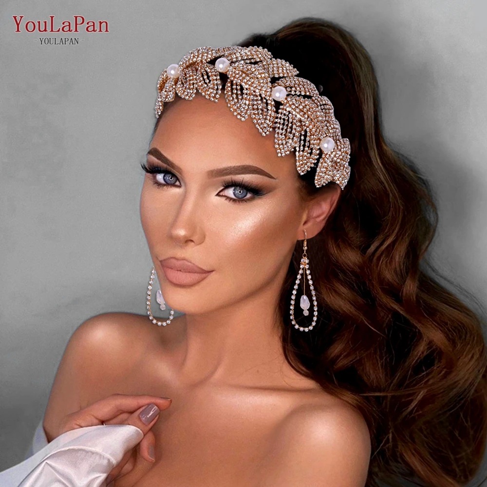 

YouLaPan Luxury Rhinestone Headband Gorgeous Pearl Bridal Headpiece Leaves Wedding Jeweley Hair Accessories Pageant Crown HP366