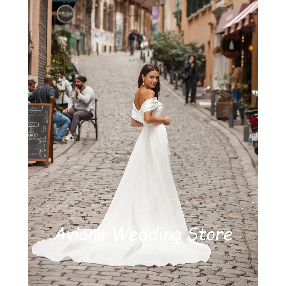 

Aviana Customized Wedding Dress Off Shoulder Satin Ruffled Slit Train Elegant Bridal Gown Formal White Princess Style Handmade