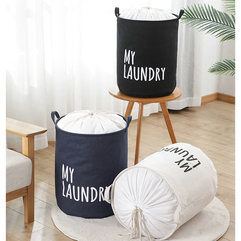 1Pc Drawstring Laundry Basket Household Waterproof Canvas Dirty Clothes Storage Basket Folding Clothes Toys Organizer Bags