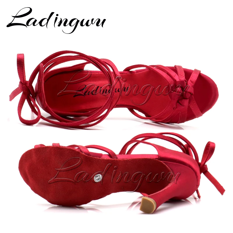 Ladingwu Burgundy Satin Latin Dance Shoes Puttee Four-band Knot Salsa Dance Shoes Ballroom Tango Dance Shoes