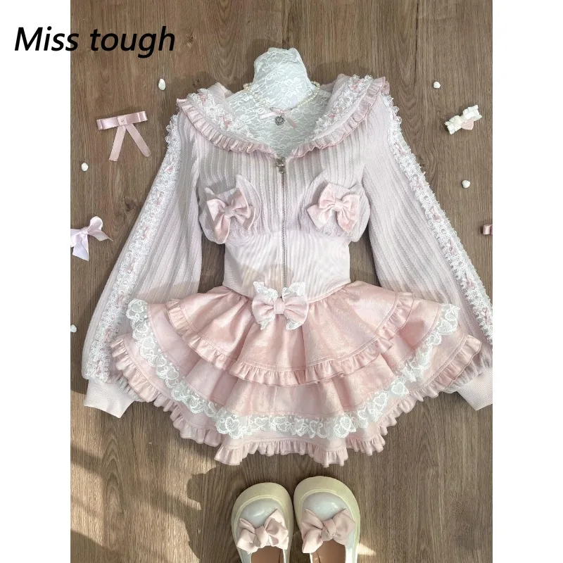 

Милый комплект из двух предметов, женское розовое короткое утягивающее пальто с капюшоном + жаккардовое кружево, пышная мини-юбка, весенняя пикантная одежда для девочек