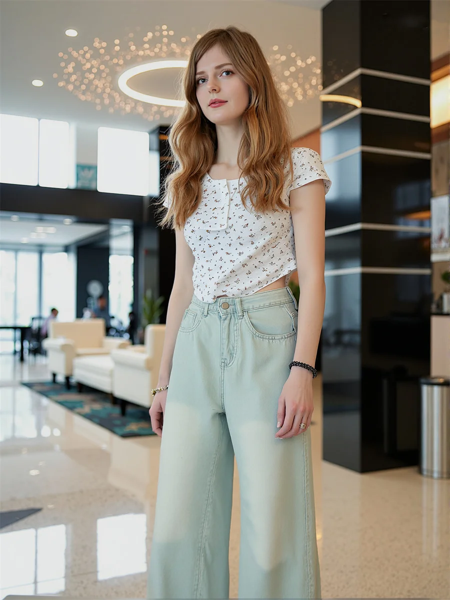 

Потертые джинсы с широкими штанинами, женские потертые джинсы со вставками и цветными блоками, градиентные художественные уникальные современные винтажные плиссированные эластичные джинсы для девочек