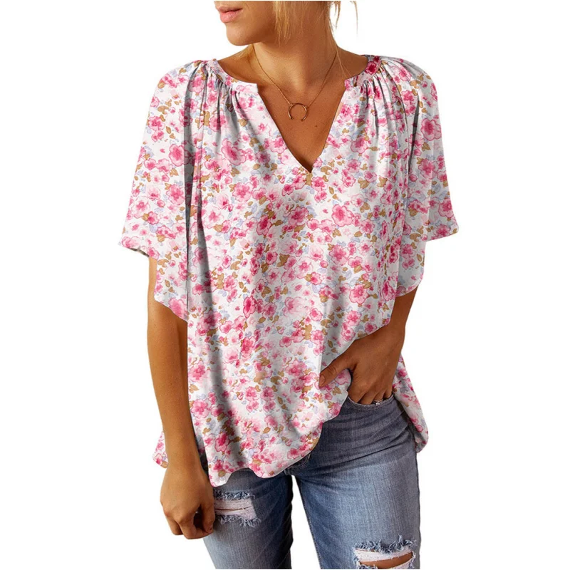 Letnia moda damska T-shirt Casual Street Luźny krój Krótki rękaw Dekolt w serek Nadrukowane bluzki dla kobiet