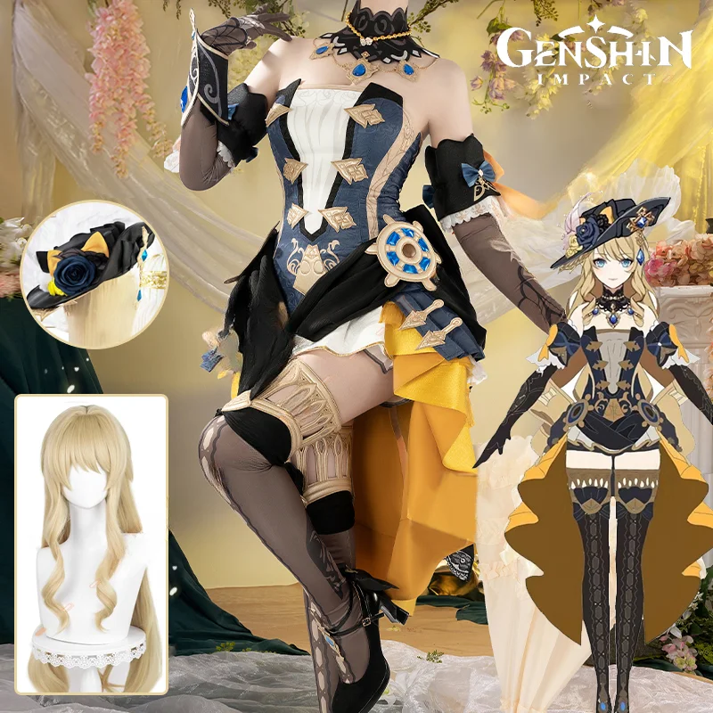 

Navia Cosplay Costume Wig Genshin Impact Dress Fontaine Spina Di Rosula Hat Clorinde Halloween Women Party Role Play Outfit