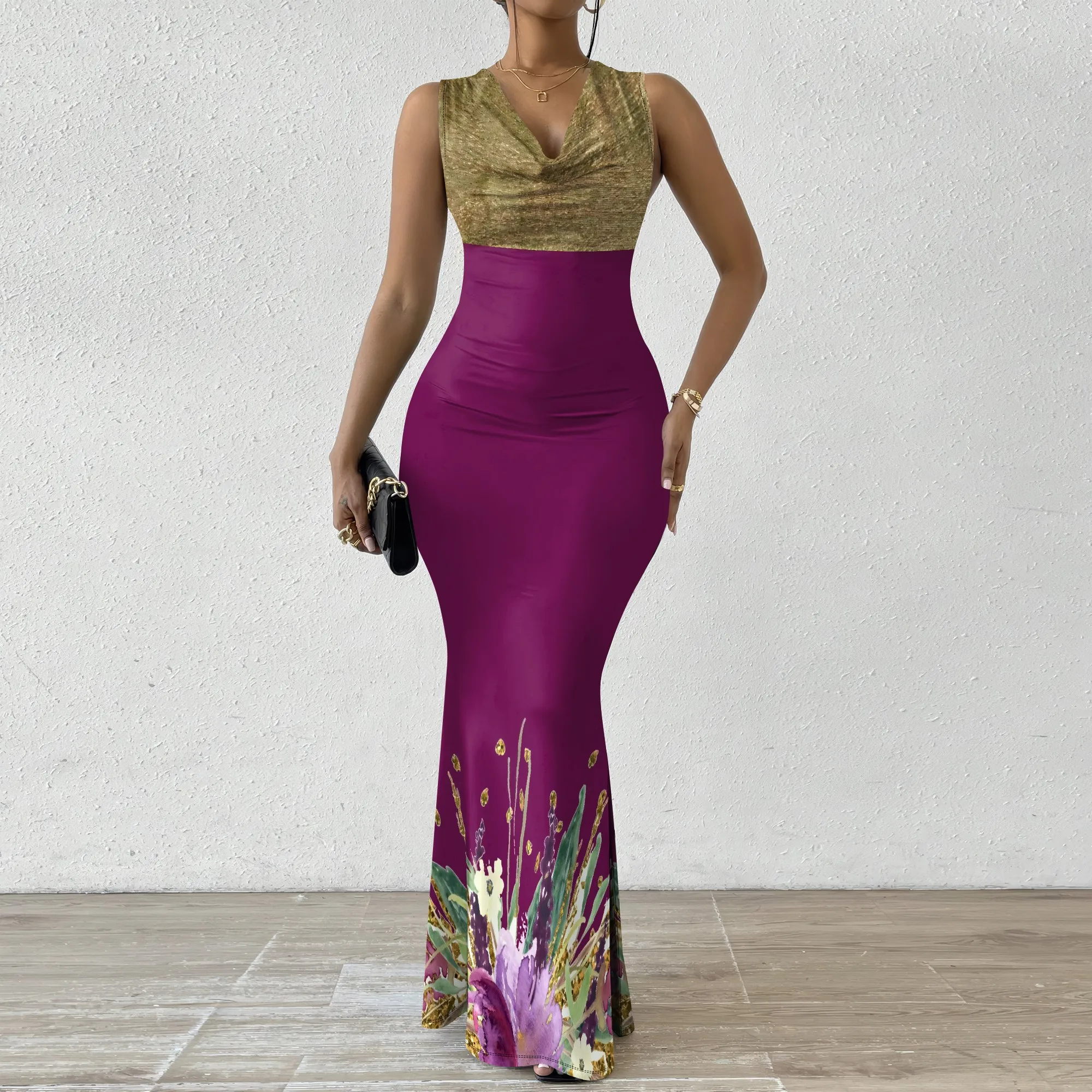 

Women's V-Neck Sleeveless Maxi Dress Two-Tone Contrast Elegant Party Dress with Floral Hem