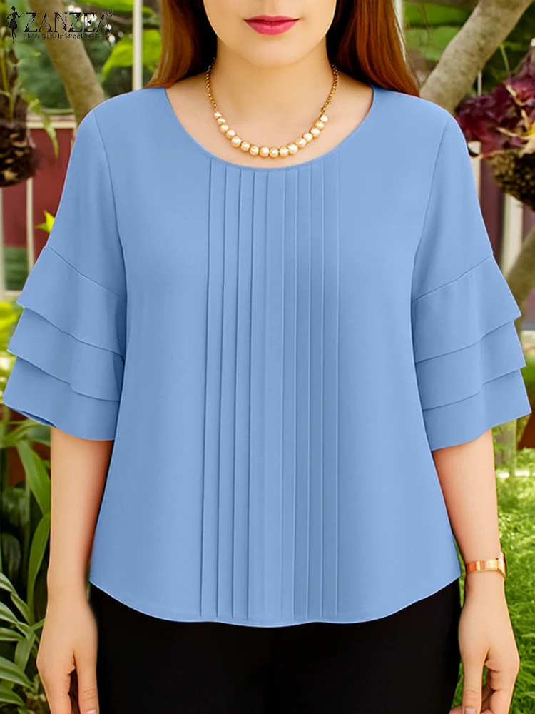 ZANZEA, blusas informales para mujer, otoño 2025, cuello redondo, volantes en capas, mangas 3/4, blusa de Color sólido, ropa diaria para mujer 3XL