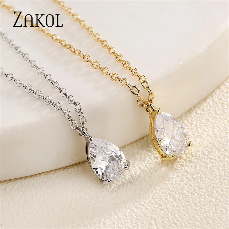 ZAKOL Classic Sparkling Water Drop CZ Pendant Chains Necklaces White Color Cubic Zirconia Wedding Jewelry for Women NP5089