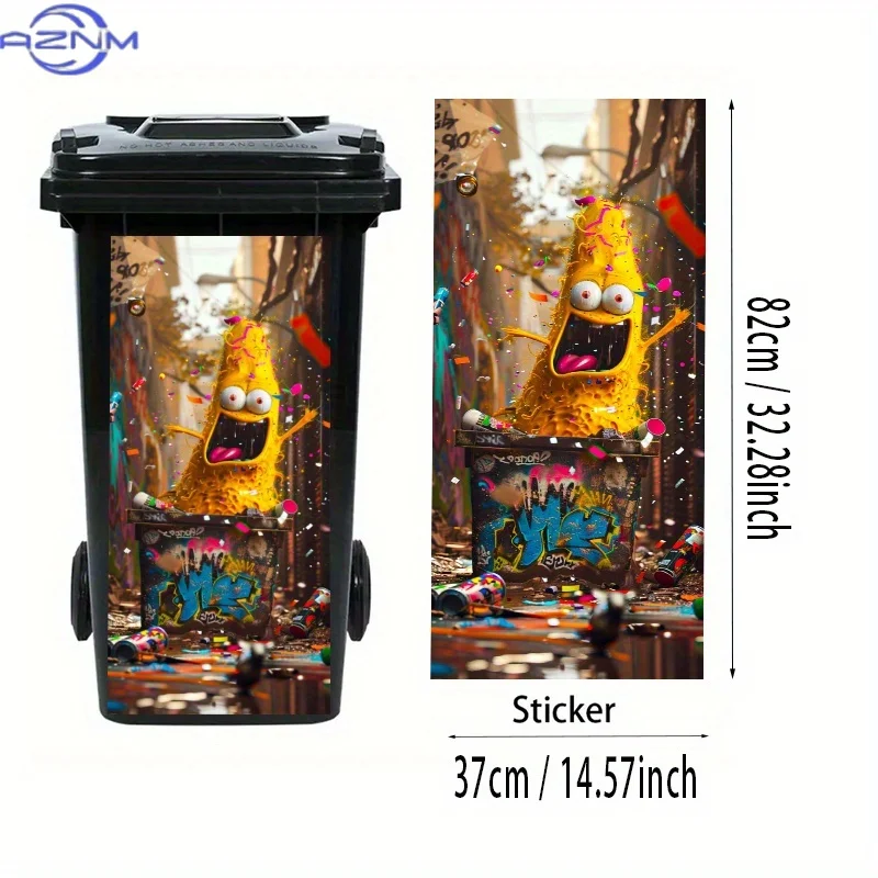 Trash Can Sticker - Yellow Goofy Monster Pattern, PVC Self-Adhesive Decal for Plastic Surfaces, Fun Kitchen Wall & Trash Bin D view 3