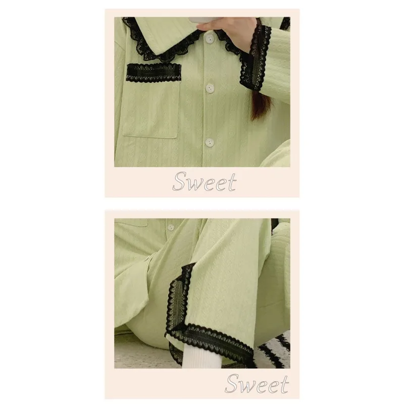 2023 New Pajama Women's Spring Autumn Solid Color Cotton Jacquard Cardigan Lapel Loose Fat Plus-size Set Lace Edge Loungewear