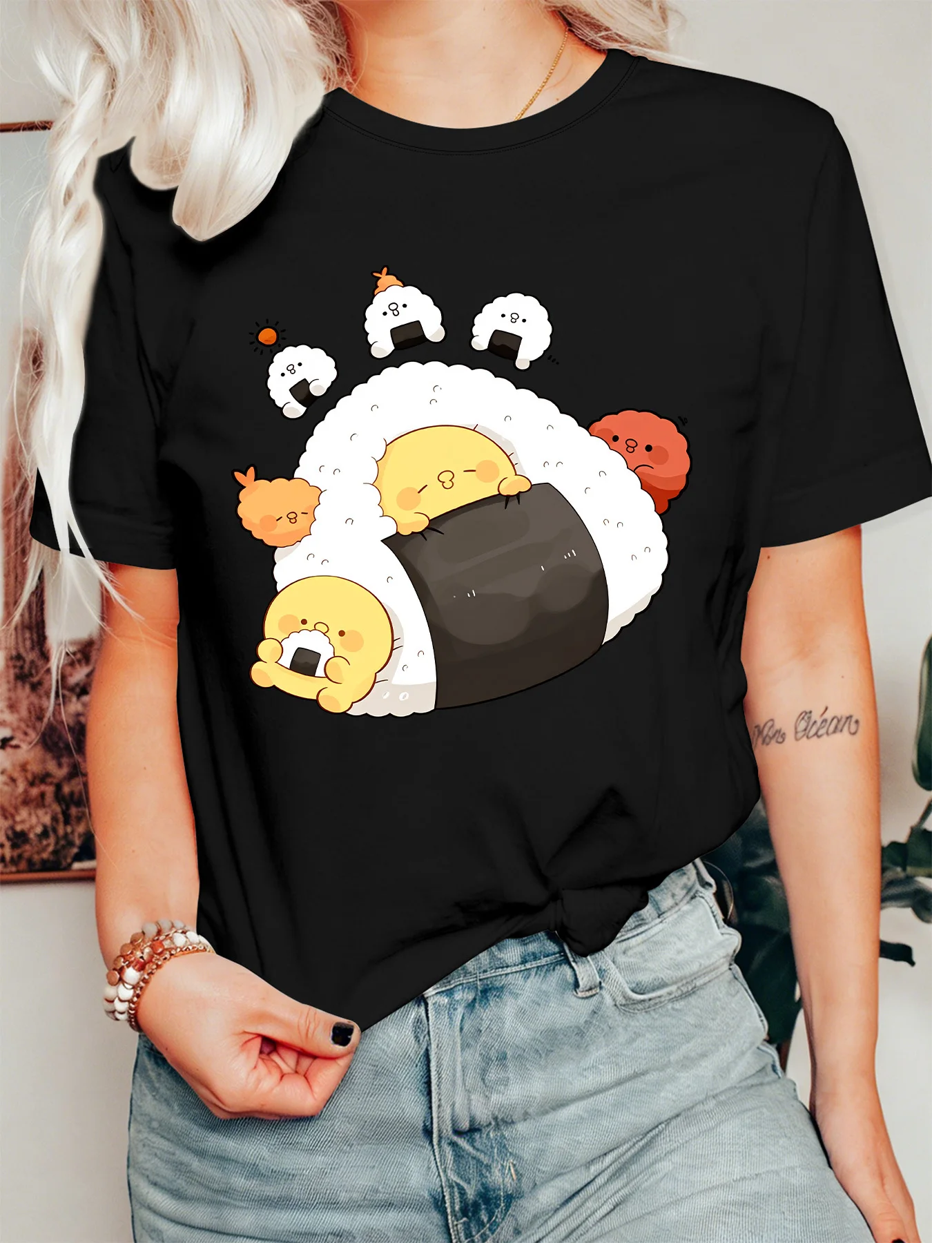 Adorable Japanese Sushi Womens T Shirt Kawaii Rice Ball Cartoon Graphic Tee Short Sleeve Casual Daily Streetwear Ladies Tops