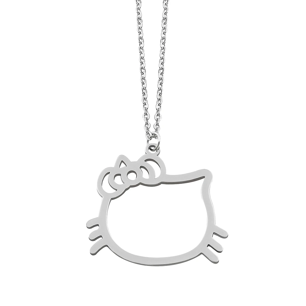 Hello Kitty Simple Hollow-Carved Pendant Necklace Metal KT Cat Modeling Neck Chain Jewelry for Women Girls Fashion Accessories