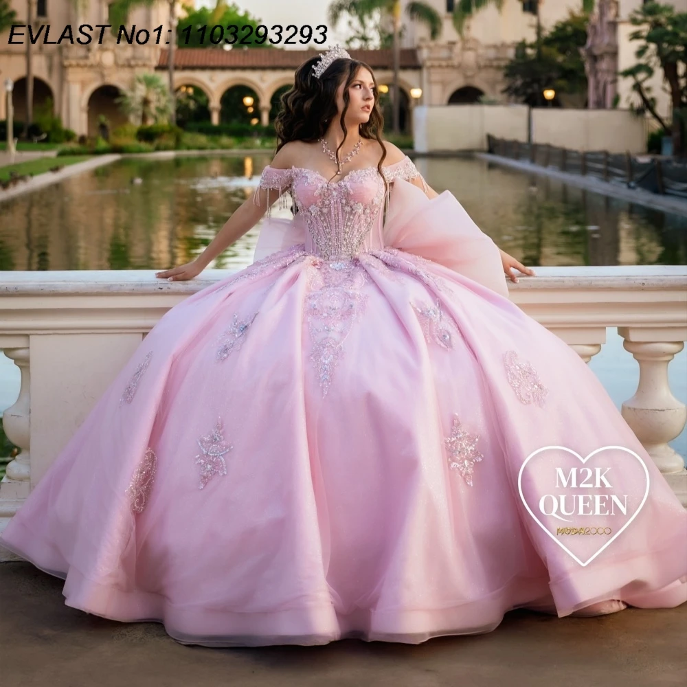 Evlast personalizado mexicano rosa quinceanera vestido de baile renda floral apliques miçangas arco doce 16 vestidos de 15 anos e1qn532