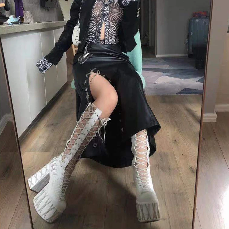 

Sexy High Cross Decor Super Platform Chunky high heel Strappy Cutout Knee Boots Fretwork Crosstie Woman Summer Boots