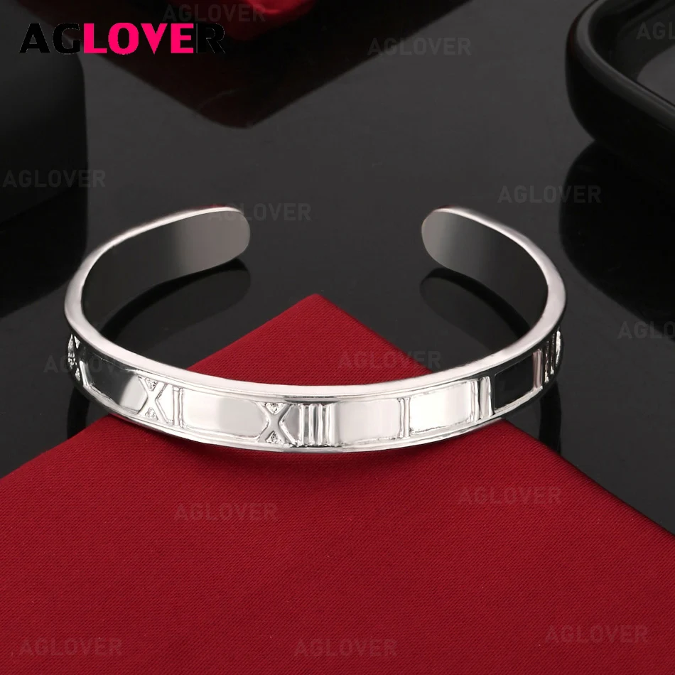 

AGLOVER 925 Sterling Silver Roman Numeral Open Bracelet Women Cute Noble Anniversary Gift Jewelry