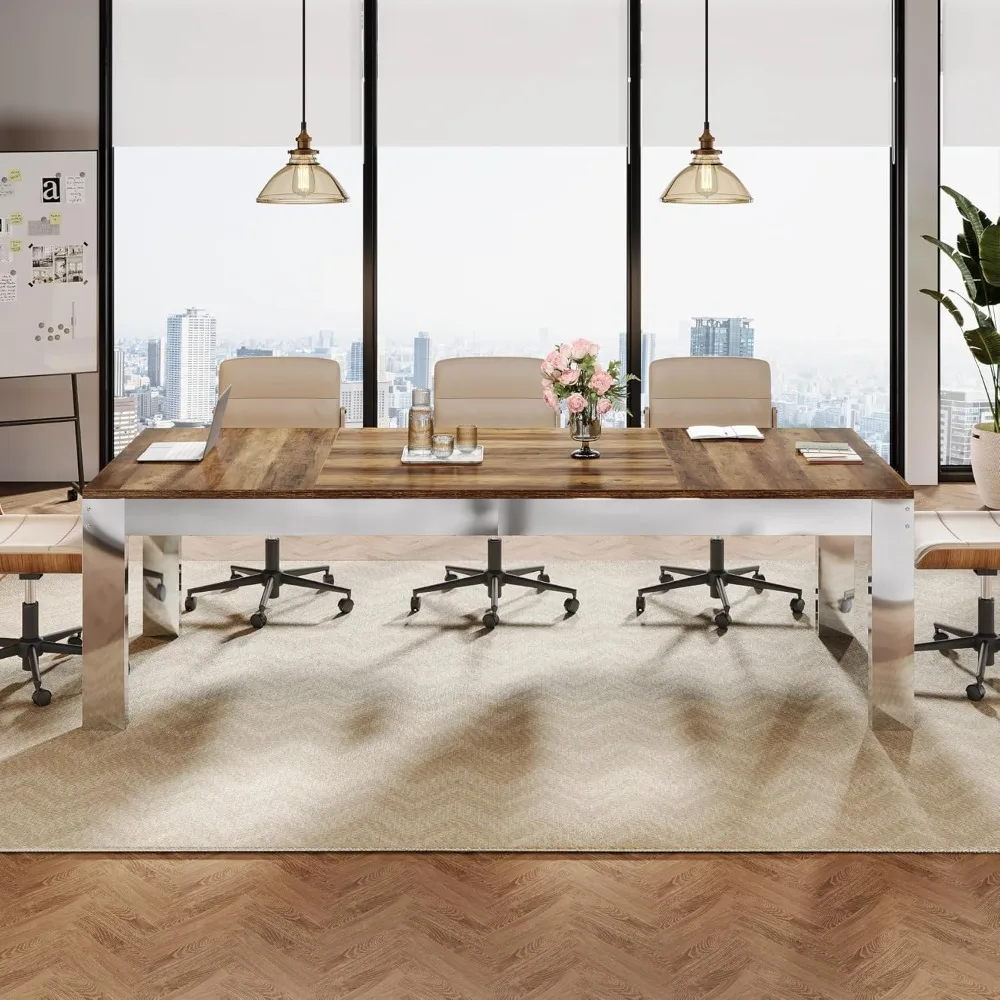 طاولة مؤتمرات بطول 6.5 أقدام تتسع لـ 8-10 أشخاص، طاولة اجتماعات مستطيلة كبيرة مقاس 78 بوصة مع أرجل معدنية عاكسة، مكتب غرفة لوحة حديثة