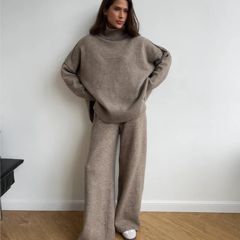 Turtleneck Sweater Suit For Women European And American Autumn And Winter New Loose Casual Lazy Thickened Knitted Trousers Suit