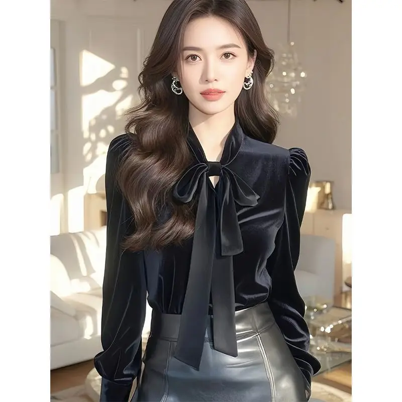 Fashionable and High-end Blue Bow Long Sleeved Velvet Shirt for Women in Autumn and Winter Stylish Interior