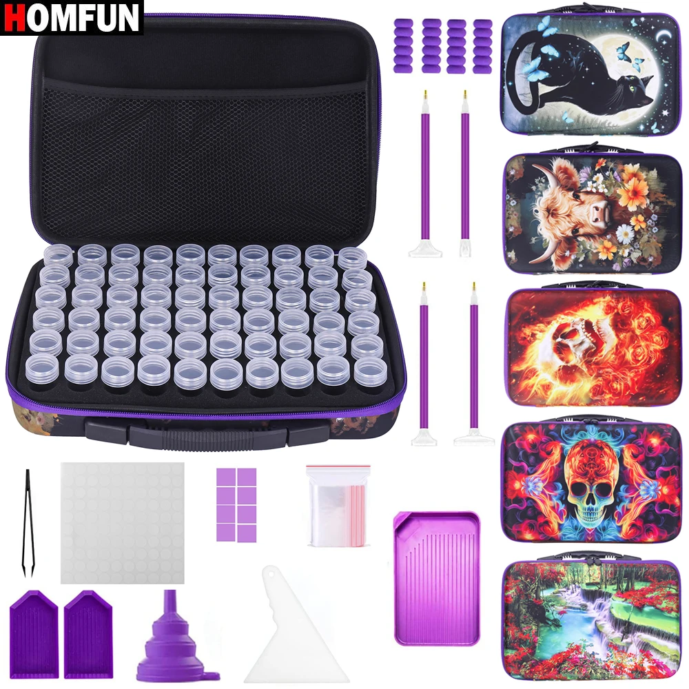 HOMFUN Diamond Painting Storage Case, 60 Slots Portable Organizer Handbag With DIY Tools, Art Craft Beads Box, Multiple Patterns