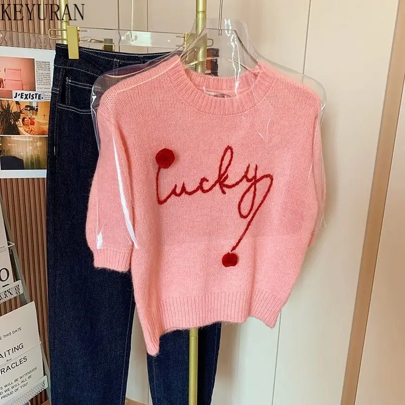 2024 Spring Summer New Sweet Pink Letters Knitted Short Sleeve Sweaters Women Pullovers Korean Chic Basic Knitwear Tops Jumpers