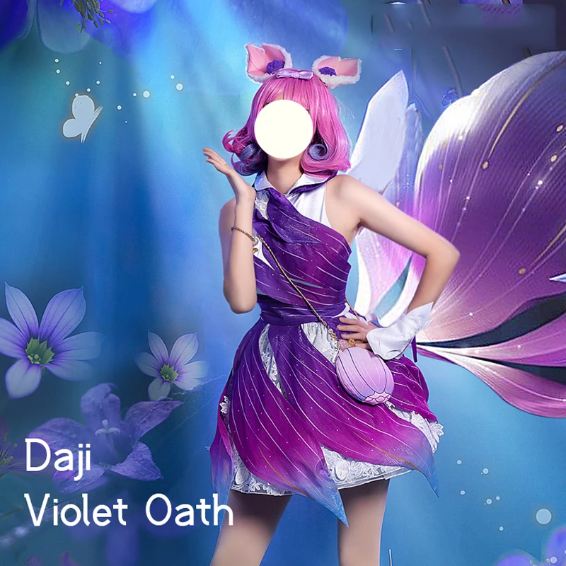 In stock！ King of Glory cos Daji Cosplay Violet Oath Costume with ears Women Purple Dress H