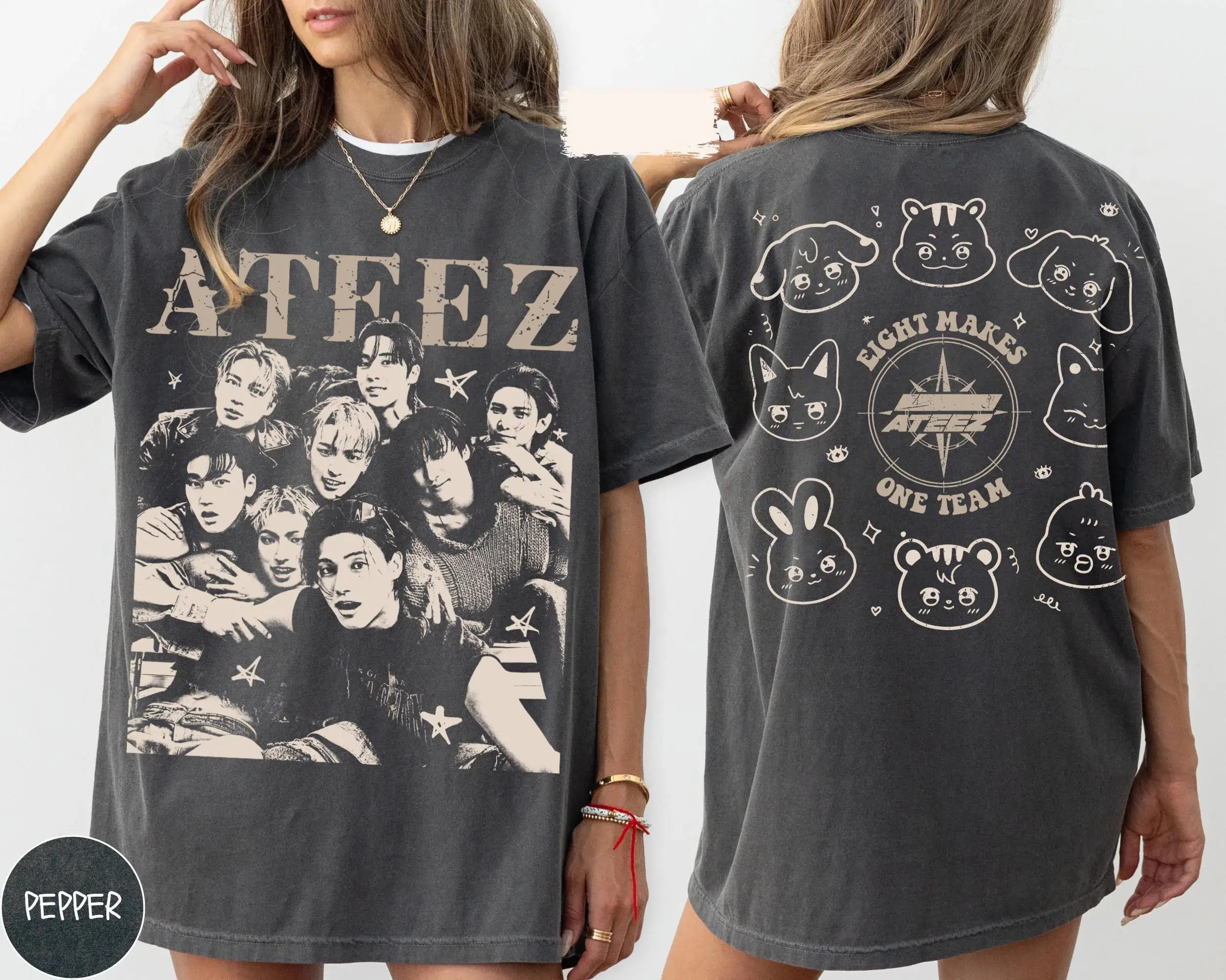 ATEEZ Vintage T Shirt Double Sided Print Eight Makes One Team Cute Character Graphic Unisex Oversized Kpop Tee Streetwear Tops