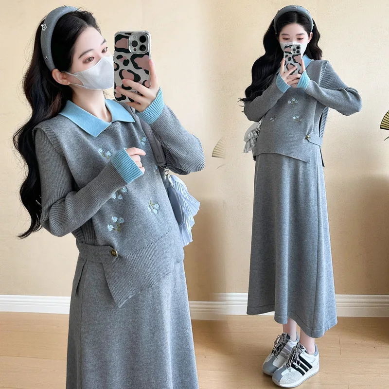 Ropa elegante para embarazo Vestido de punto jacquard de temporada fría Detalles bordados sofisticados Dos piezas de moda para mamás esperando
