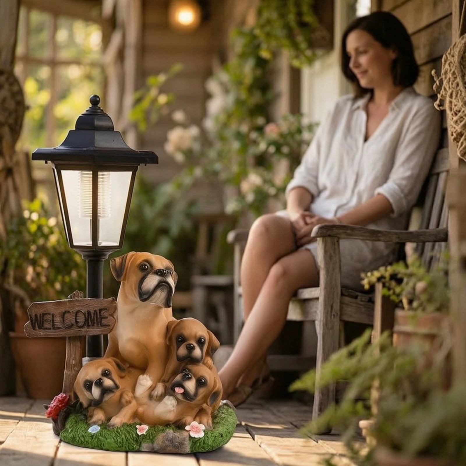 Dog Statue with Solar Lantern Automatic Solar Light with Dog Figurine Lawn Ornament Sturdy Yard Ornament Year-Round for Pathway view 4