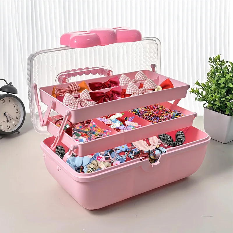 Caja de almacenamiento de horquillas con lazo bonito de varias capas, caja de joyería para niñas, caja de almacenamiento de accesorios para el cabello para niños, caja de almacenamiento de juguetes