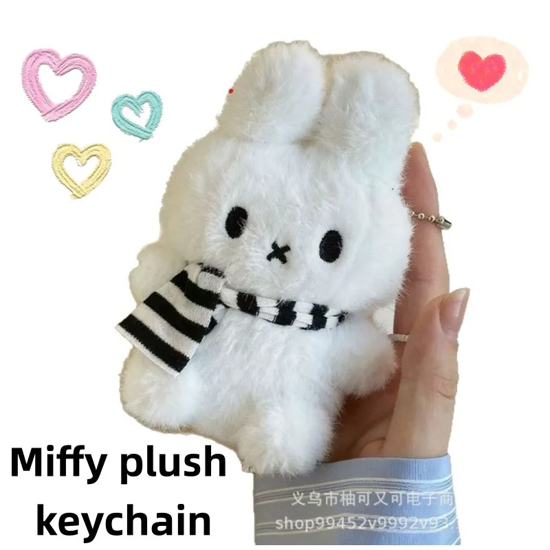Niedlicher Miffy Cartoon Schal Quietschender Plüsch-Schlüsselanhänger - Schwarz & Weiß / Bunte Optionen, Mini-Puppen-Anhänger
