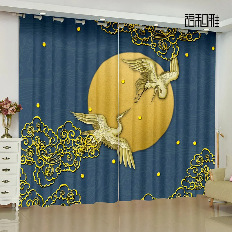 

Chinese Crane Custom Long Curtain Trend Bedroom Living Room Curtain Hook Semi-blackout Grommet Top Floor Window Curtain 2PCS