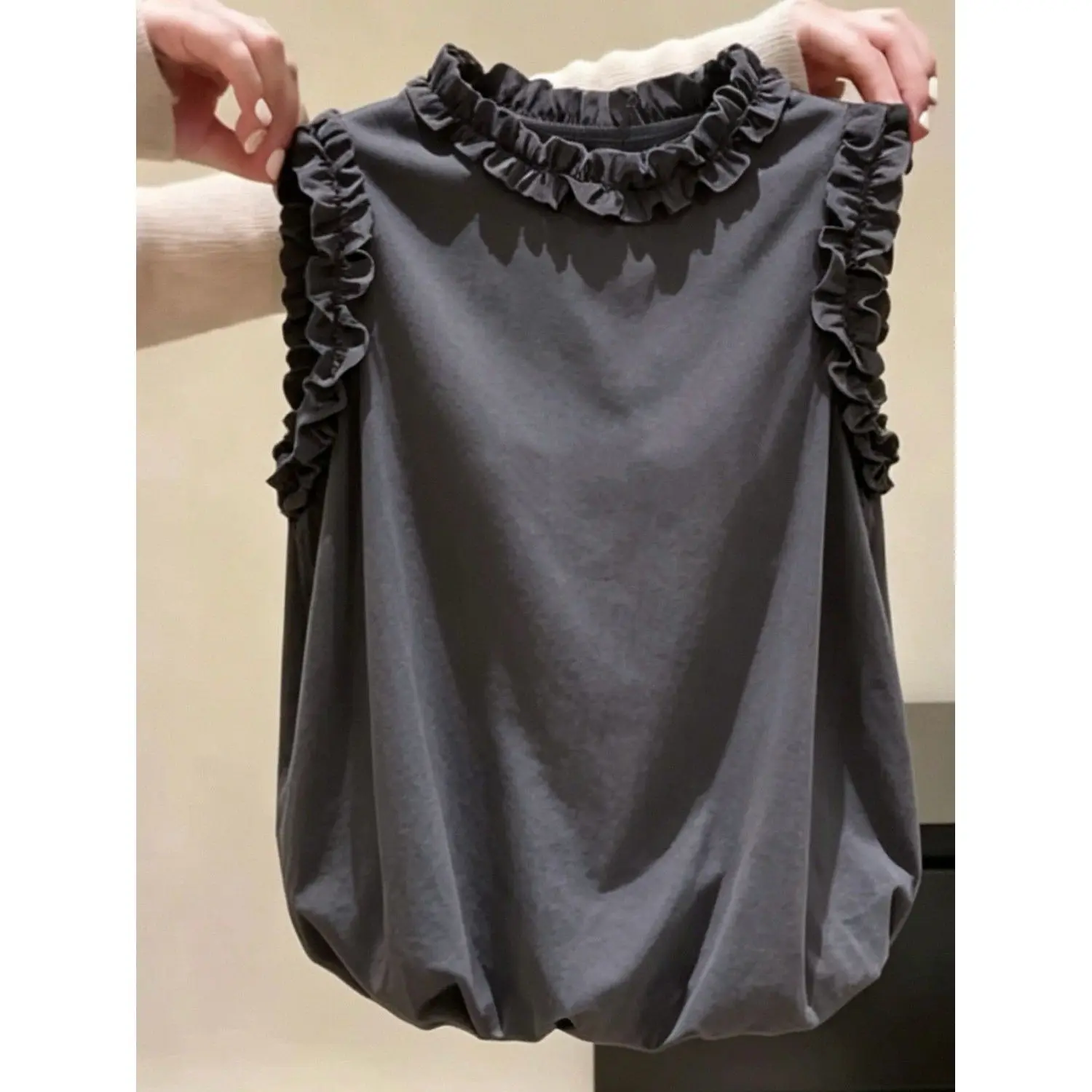 British Grey Wood Grain  round Neck Sleeveless T-shirt Women's Summer New Style Slimming Top Flower Bud Hemline Design