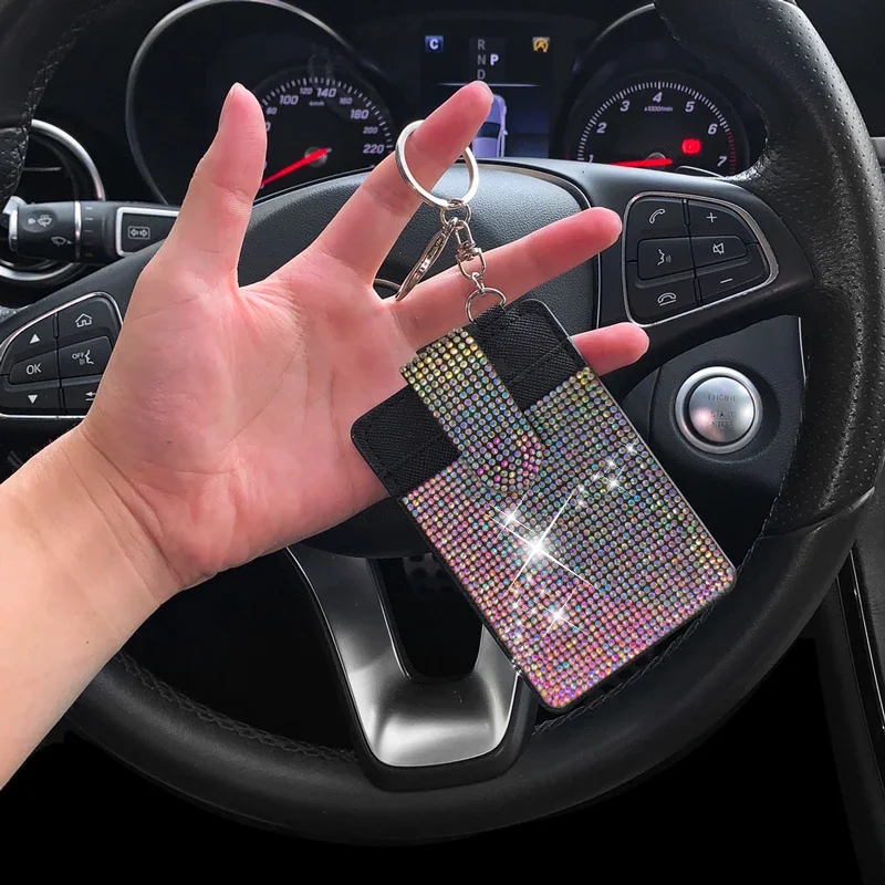 Rhinestone Crystal Car Keychain Card Clips Slim Storage Id Badge Credit Card Holders Pocket Bag Punched Zipper Car Accessories