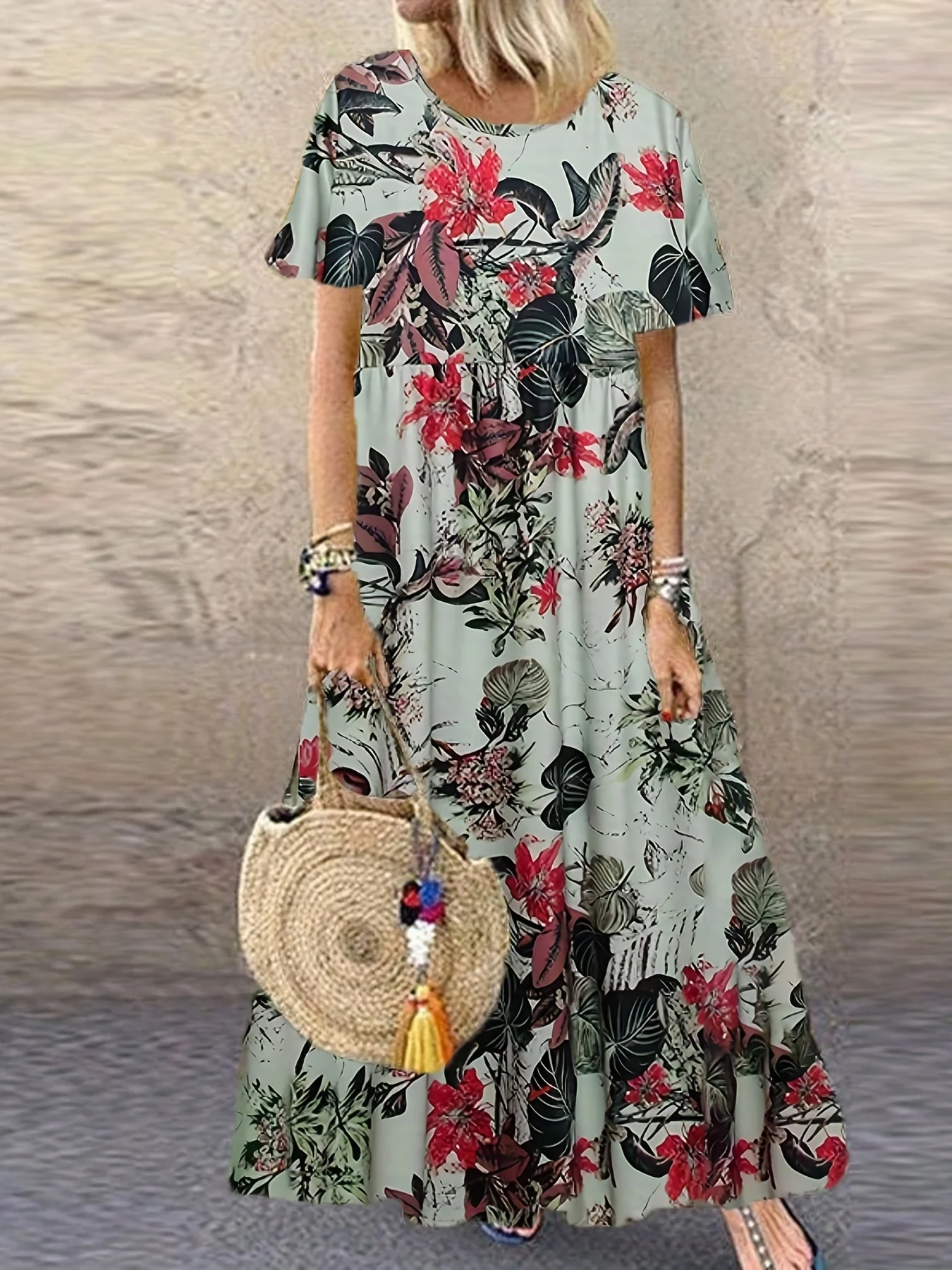 2026 Retro Blumenmuster Kleid Kurzarm Rundhals Neue Damenmode Retro-Stil Blumenmuster Kleid