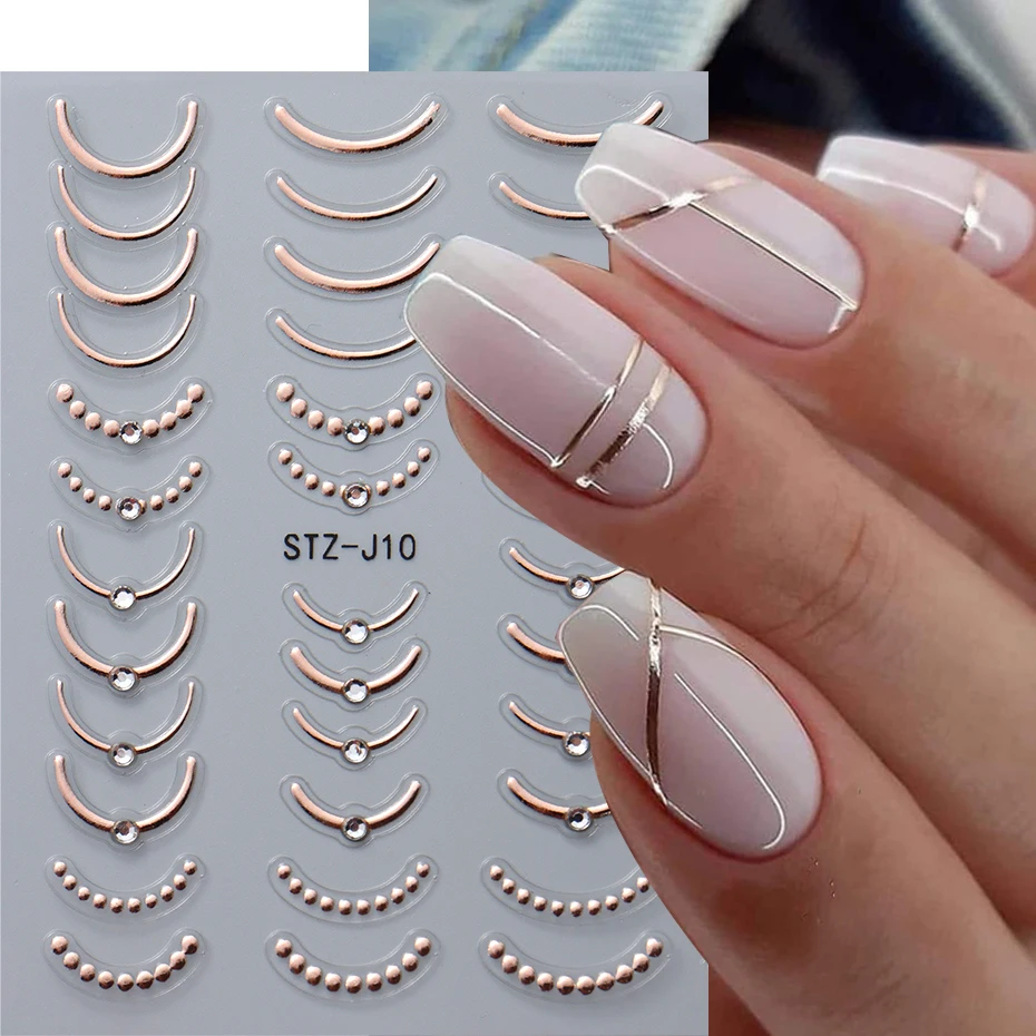 5D Rhinestones Gold Silver French Tips Nail Stickers Retro Wave Simple Line Design Adhesive Slider Nail Art Decoration Decals