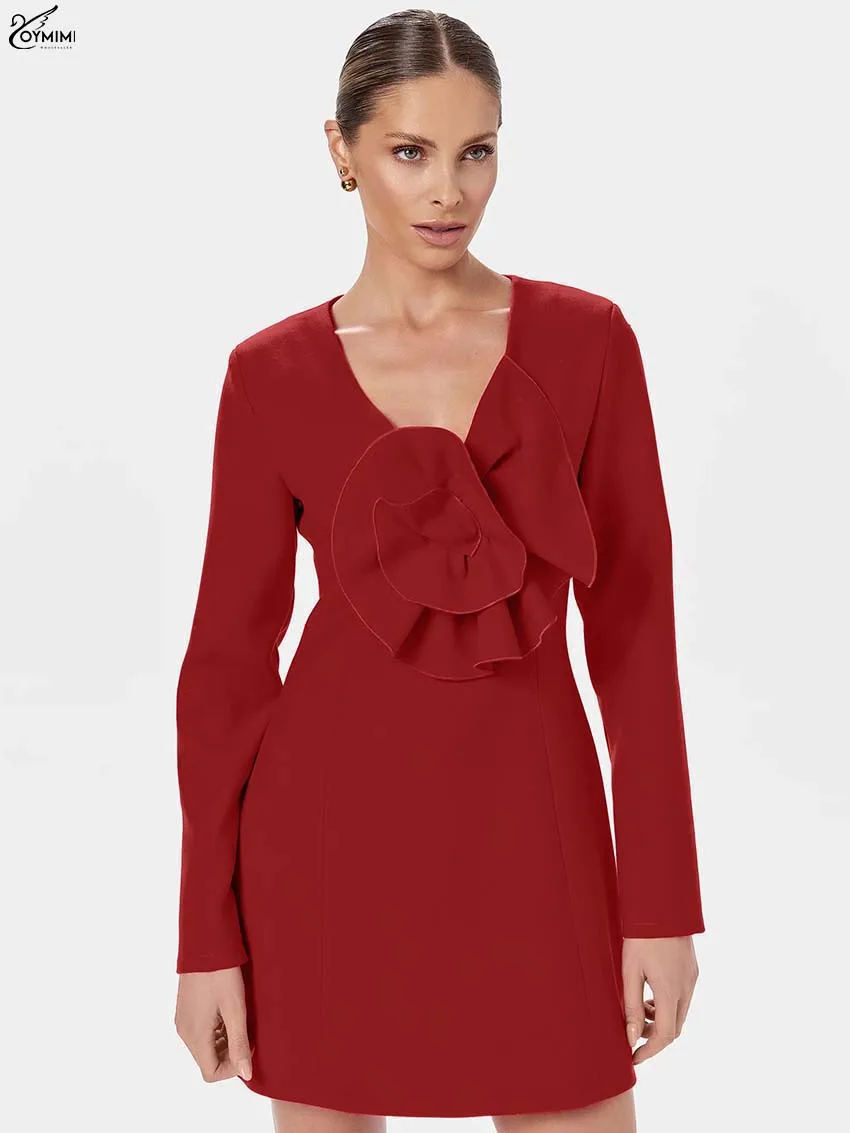 

Oymimi Fashion Red V-Neck Dresses For Women Elegant Bow Long Sleeve Zipper Dresses Summer New Straight Mini Dress Female Clothes