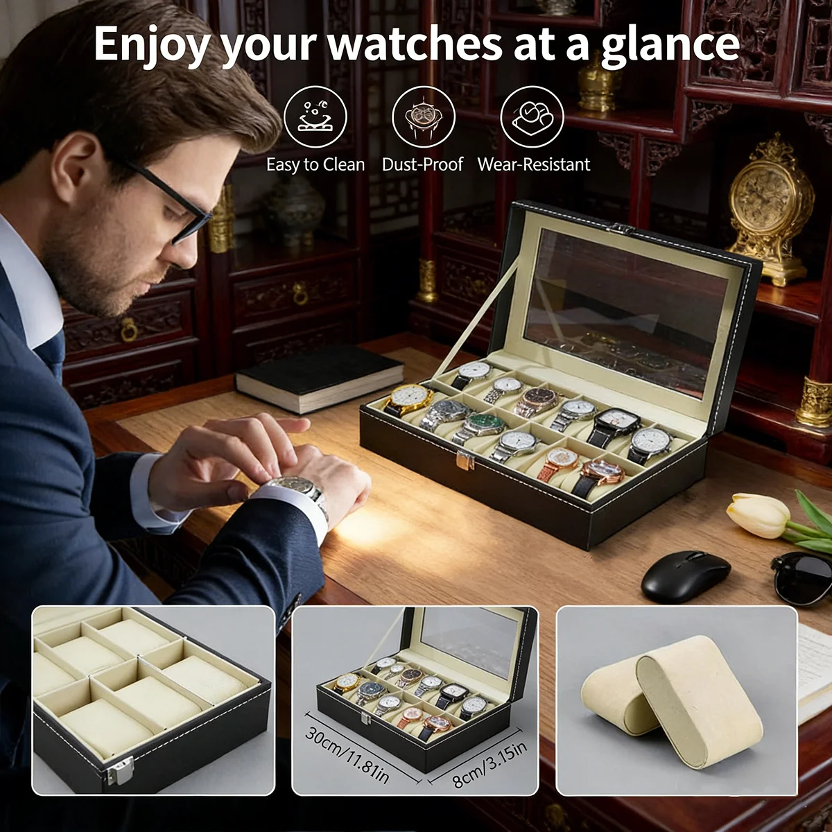 Men's Heavy-Duty PU Leather Watch Box with Display Lid,Large Capacity Watch Collector Case Suitable for Displaying image 5
